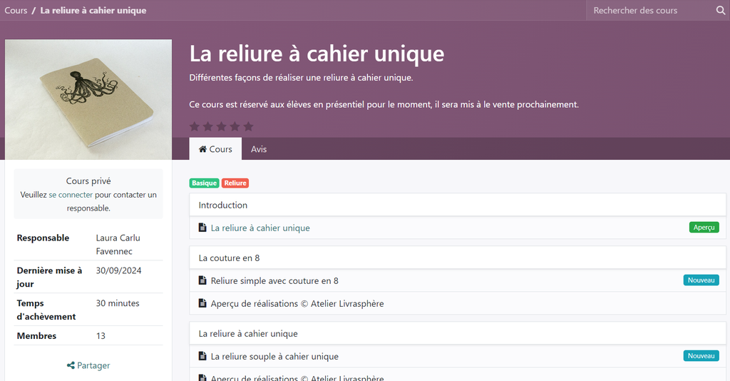 Cours en ligne "La reliure à cahier unique"