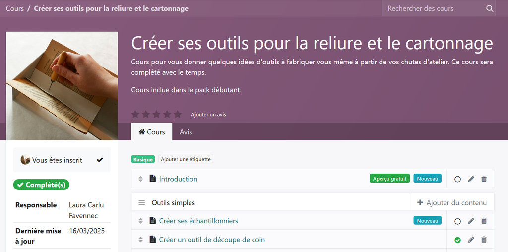 Cours en ligne "Créer ses outils pour la reliure et le cartonnage"